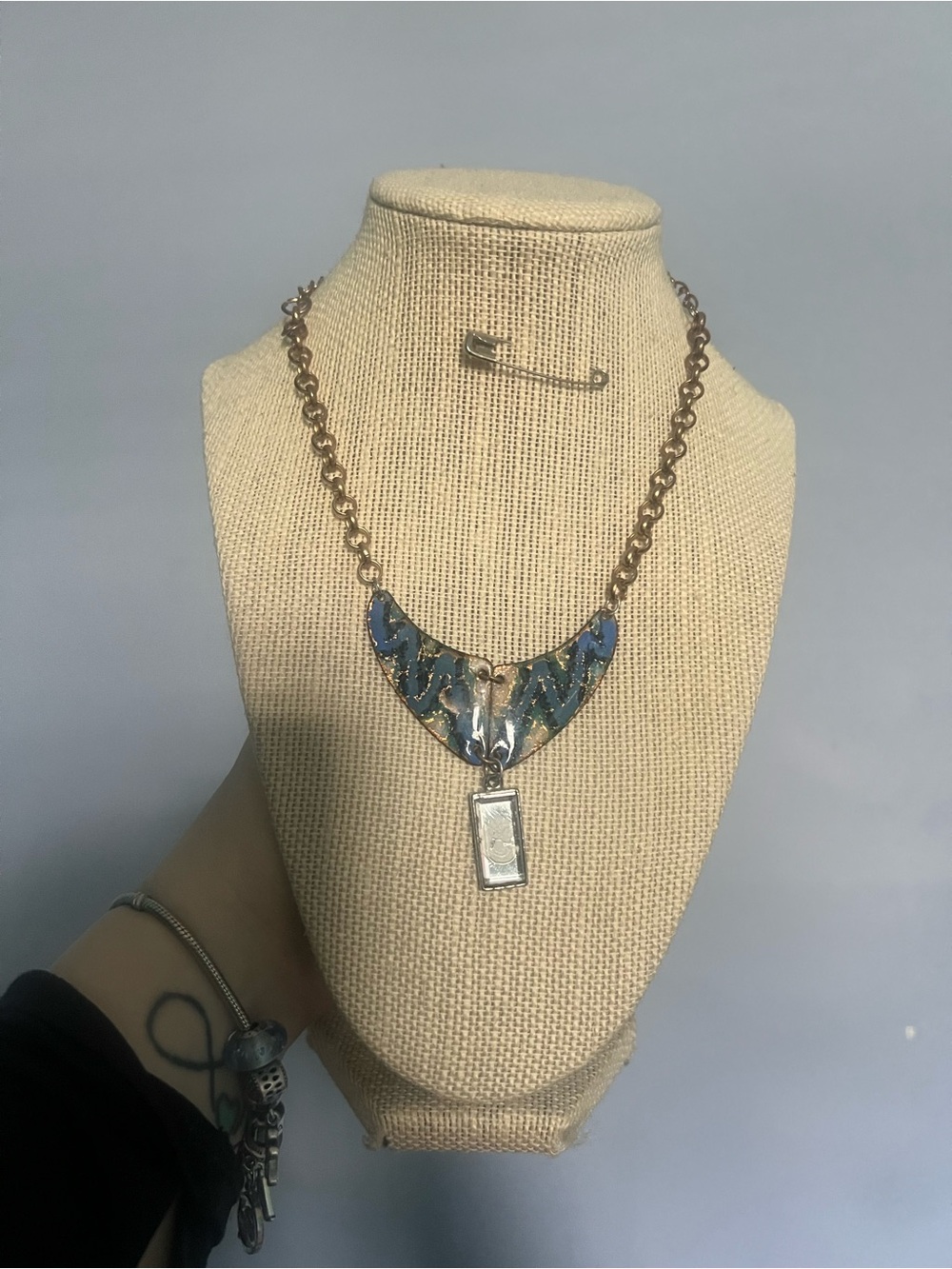 #133. Handmade Up Cycled Blue Enamel Accent Necklace with Rectangular Pendant